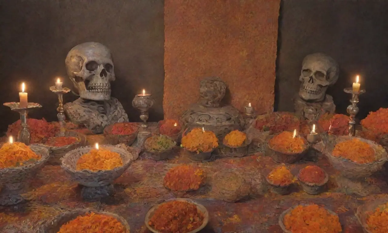 Un ambiente sombrío y reverente lleno de calaveras