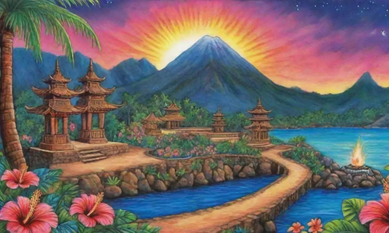 Un paraíso tropical lleno de colores vibrantes, naturaleza exuberante y espiritualidad