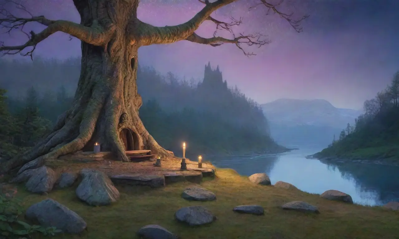Un bosque místico con árboles antiguos, un río sereno, un ciervo majestuoso y un dragón en la montaña, todo bajo un cielo estrellado