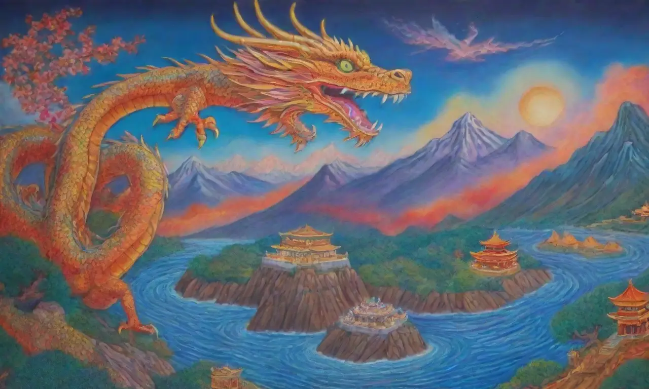 Dragones vibrantes surcan un cielo crepuscular, rodeados de paisajes míticos y símbolos de poder