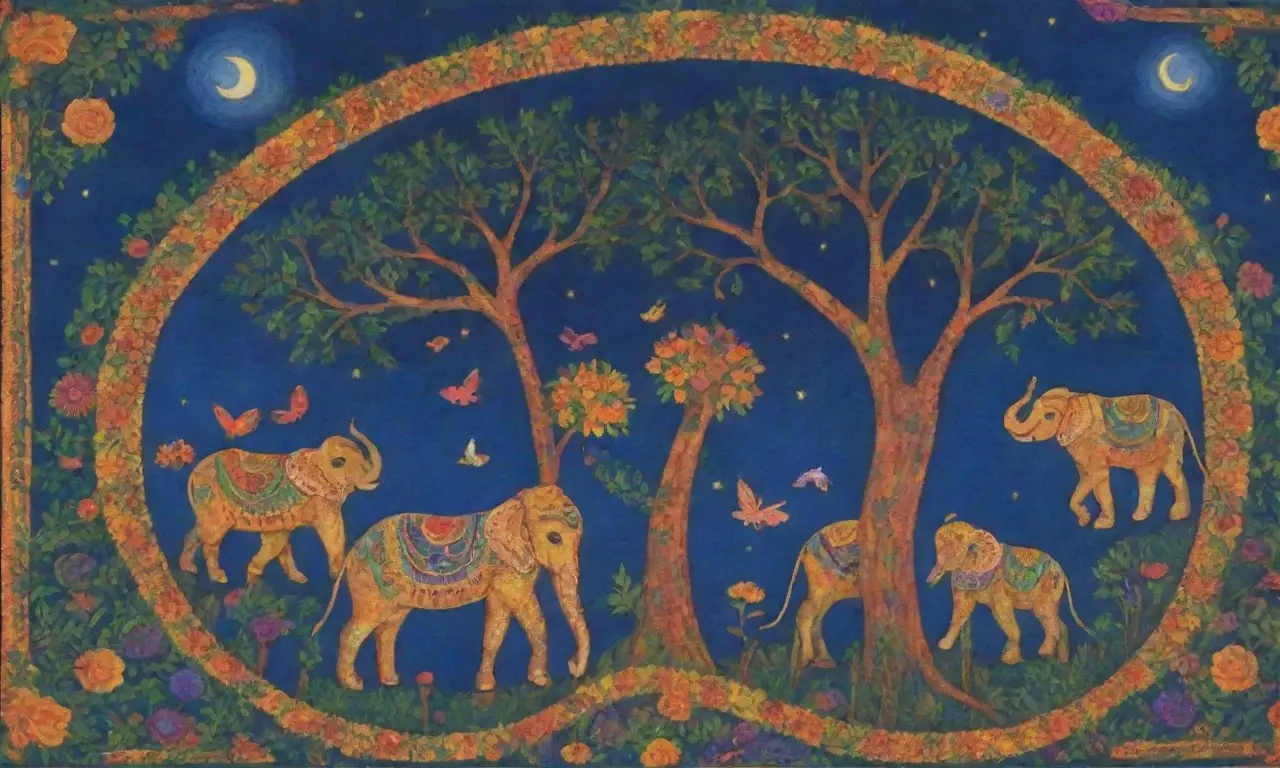 Un vibrante tapiz de vida y mitos se despliega en un paisaje lleno de colores y criaturas sagradas