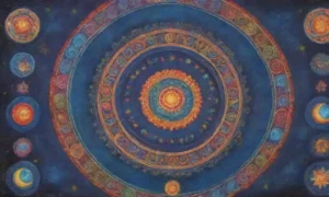 Patrones celestiales vibrantes y elementos místicos en un mundo interconectado