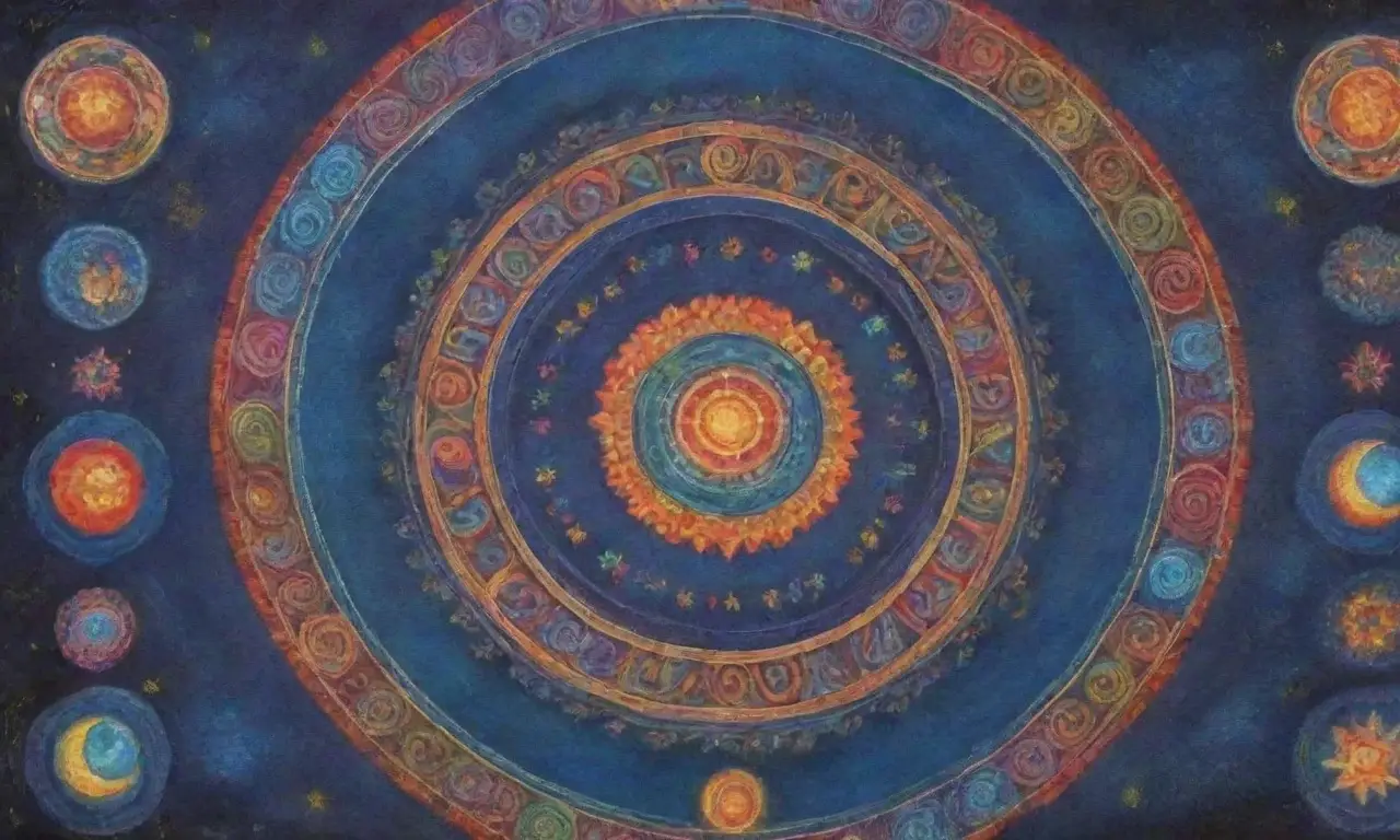 Patrones celestiales vibrantes y elementos místicos en un mundo interconectado