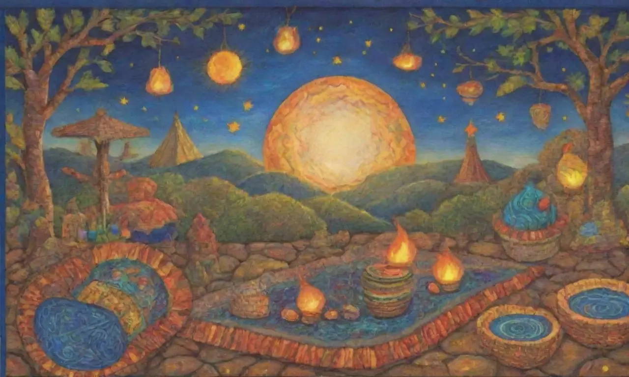Colores vibrantes y símbolos antiguos se entrelazan en un paisaje lleno de tradición y vida