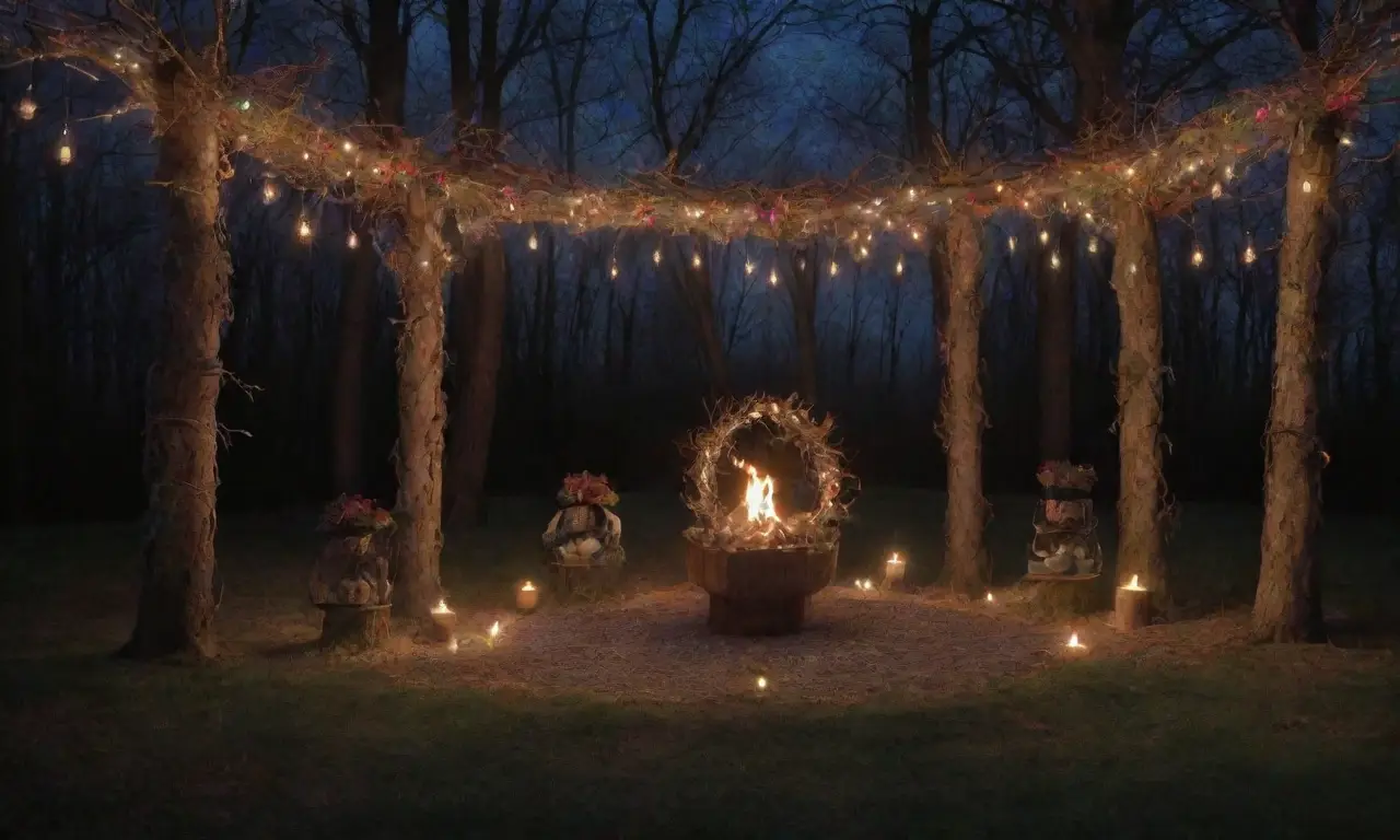 Un bosque oscuro con luces de velas, altares de madera, flores vibrantes y un ambiente misterioso