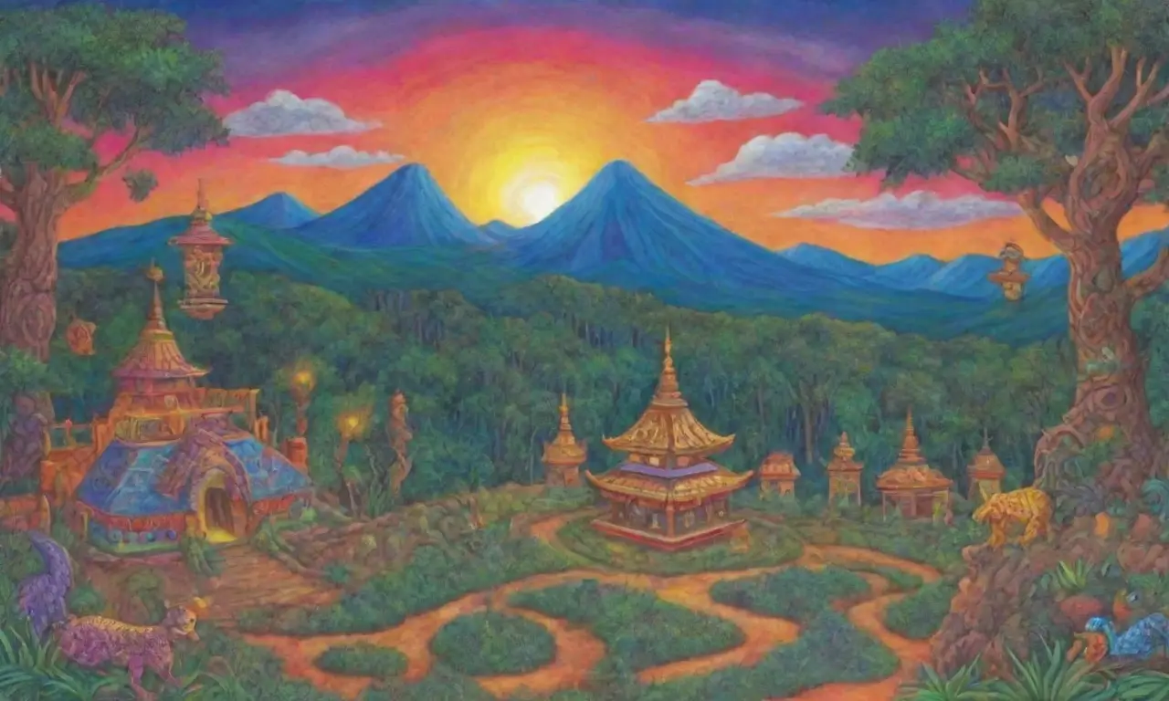 Un paisaje vibrante y sagrado lleno de colores