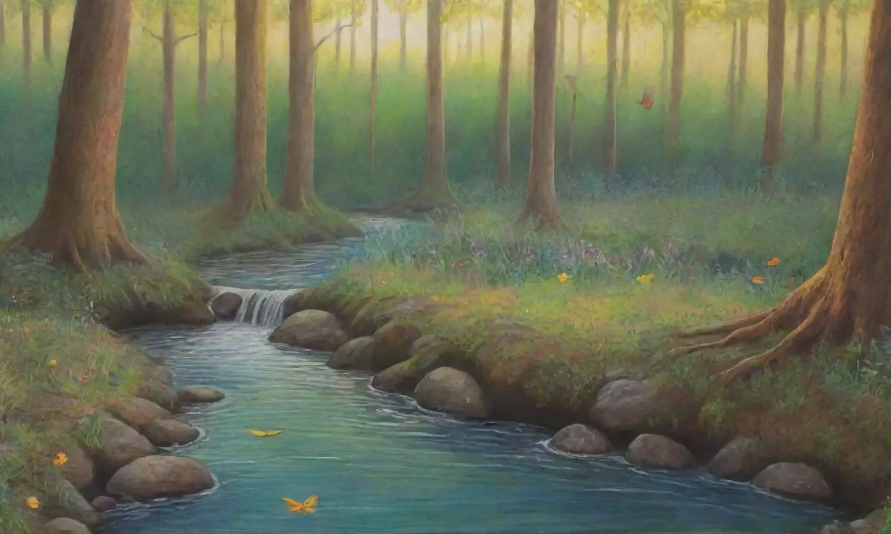 Un bosque verde y sereno con flores, un arroyo, y la presencia de Pan entre sombras y luces