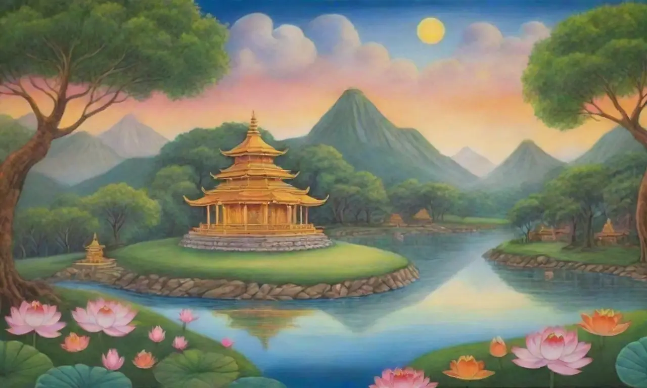 Un paisaje sereno con colinas verdes, un amanecer dorado y Siddhartha meditando bajo un árbol Bodhi