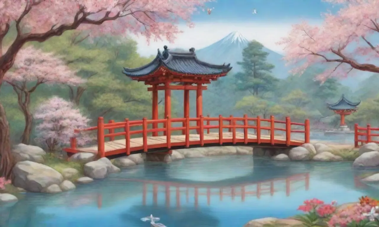 Un paisaje sereno con montañas verdes, un río tranquilo, cerezos en flor y un templo en armonía con la naturaleza