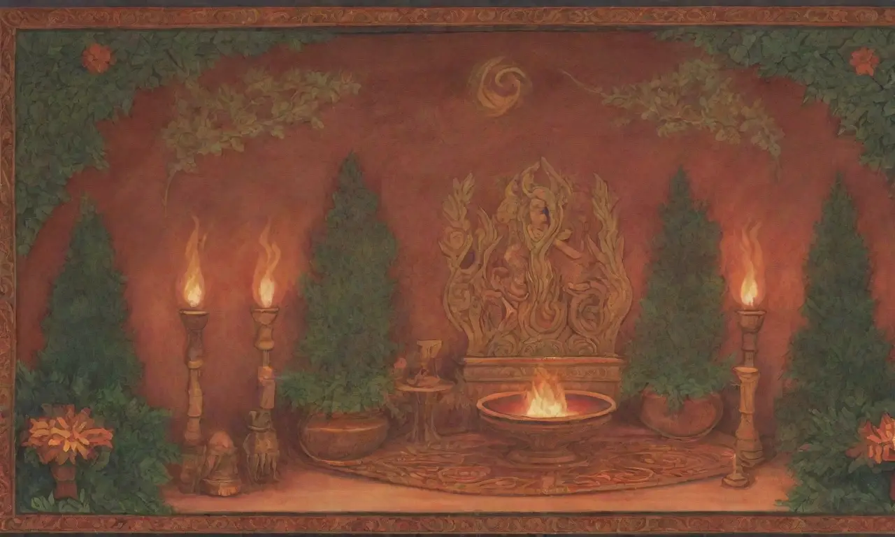 Un vibrante escenario de rojos y dorados con fuego, cerámica etrusca, vegetación, figuras en reverencia y un altar adornado, todo bajo un cielo crepuscular