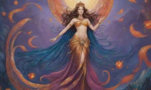 Un mural vibrante muestra a una mujer feroz rodeada de criaturas míticas