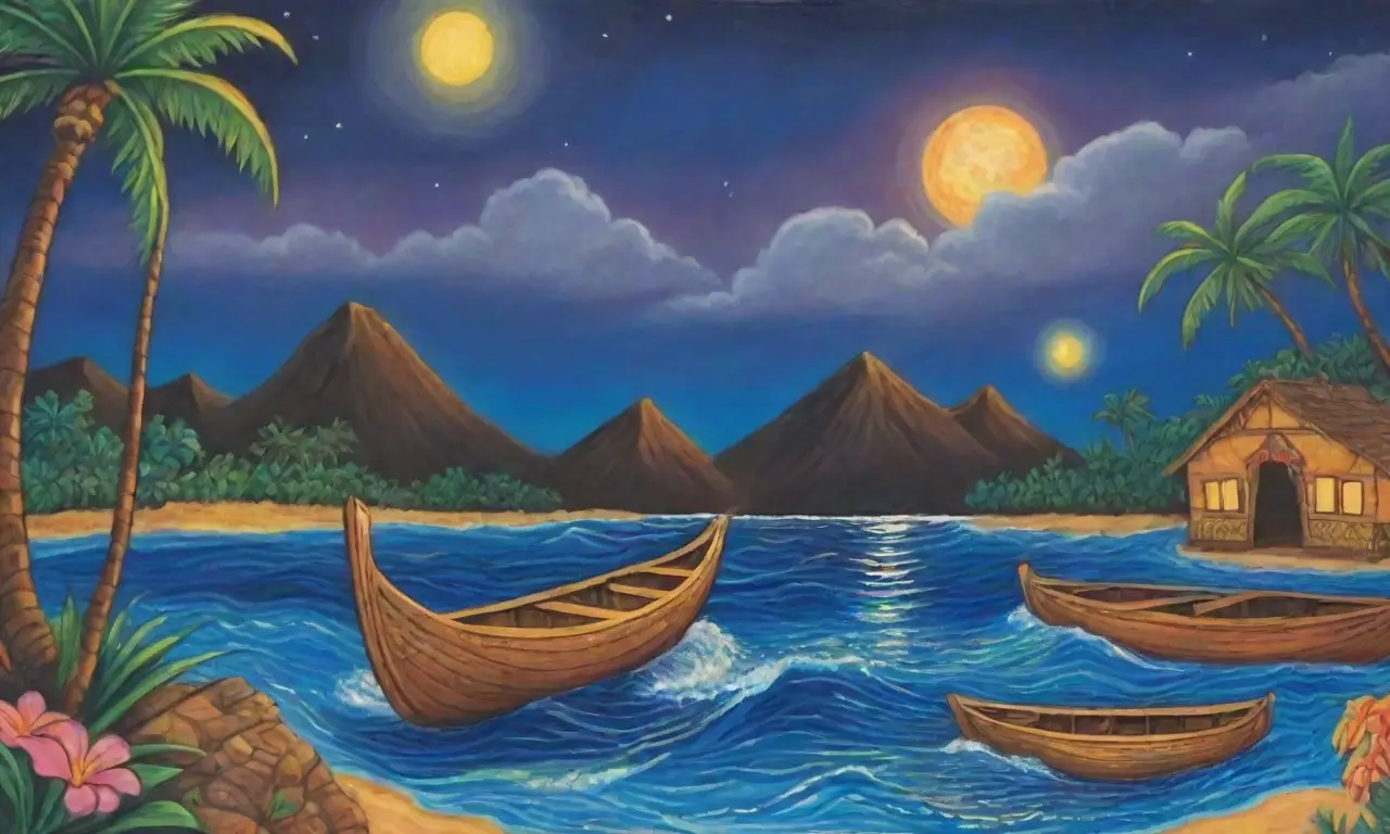 Un paisaje polinesio vibrante con océano, islas, canoas, y símbolos culturales