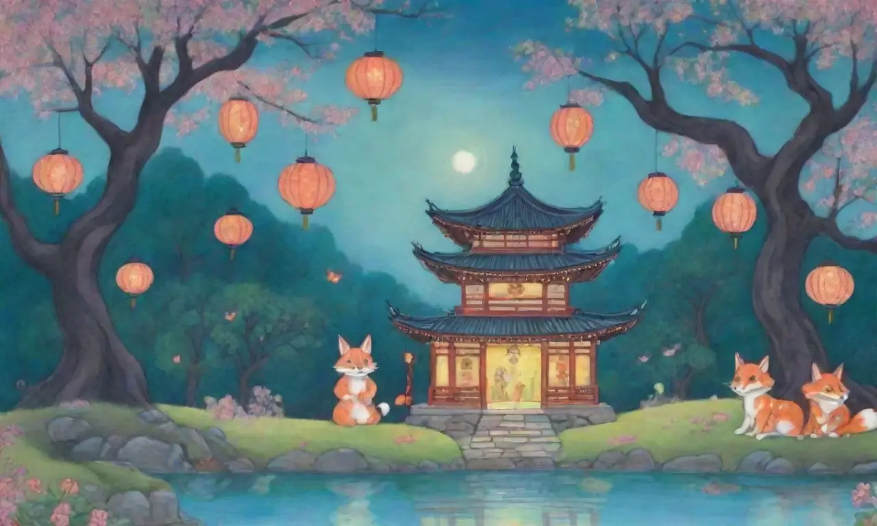 Una escena vibrante de arte japonés con criaturas míticas, flores de cerezo y un ambiente festivo