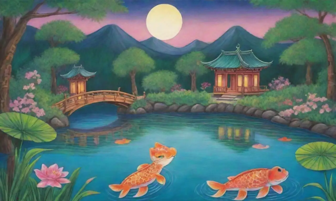 Un paisaje japonés mágico con un kappa, luces suaves y naturaleza vibrante