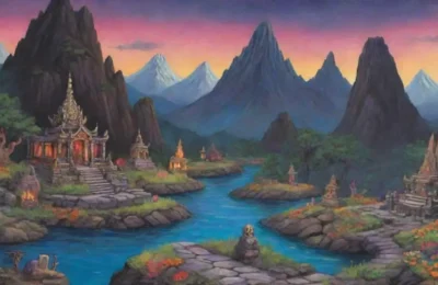 Un paisaje misterioso y vibrante evoca la esencia del más allá