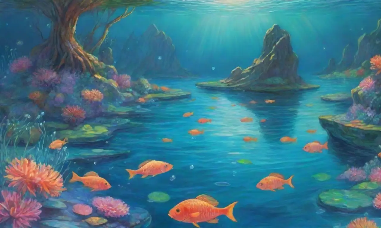Un jardín submarino sereno y mágico, lleno de luz, colores vibrantes y criaturas etéreas