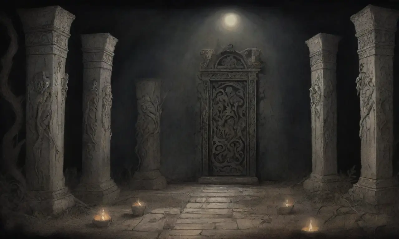 Un ambiente misterioso y sombrío lleno de sombras, relicarios antiguos y ecos de rituales olvidados
