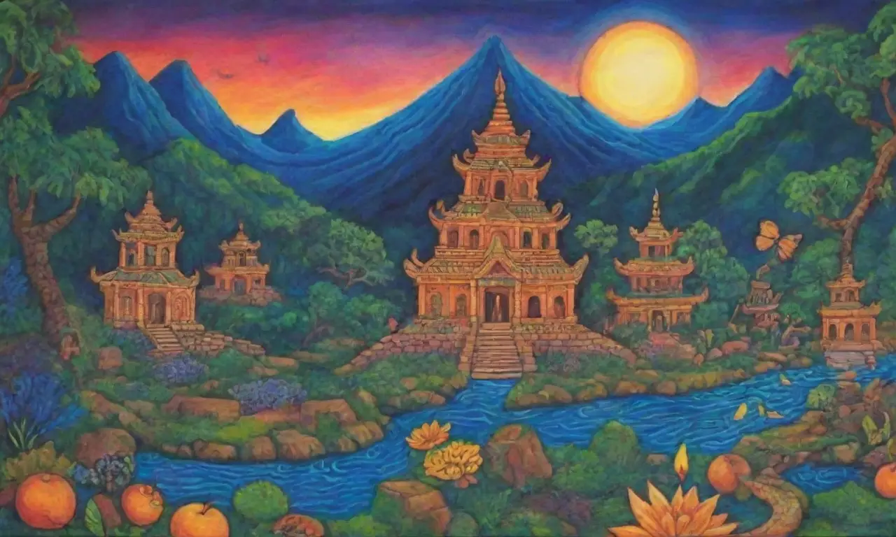 Un paisaje místico de colores vibrantes y naturaleza exuberante se entrelaza con rituales sagrados
