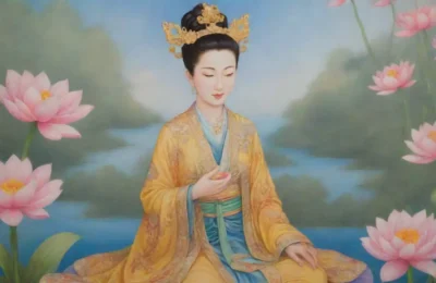Kwan Yin serena rodeada de flores de loto
