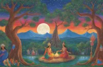 Un paisaje místico y vibrante lleno de colores