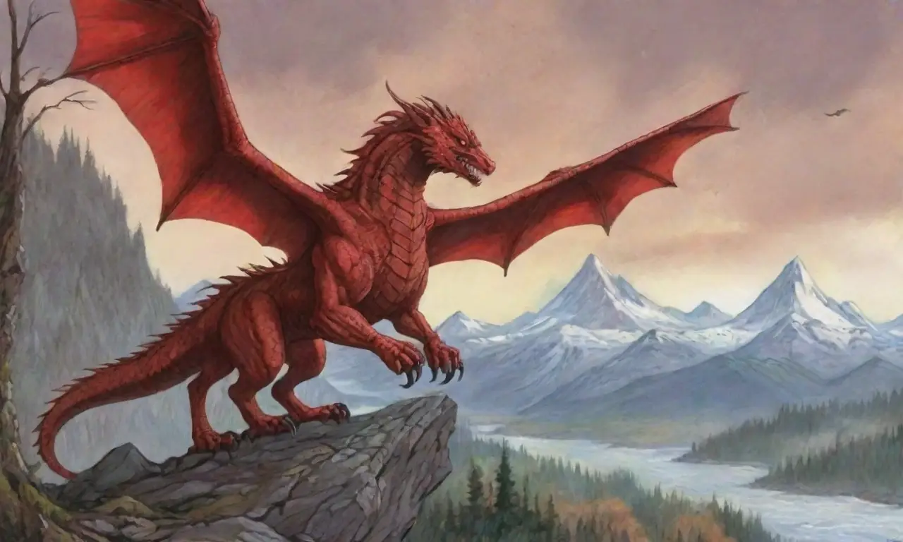 Un paisaje épico con montañas, un dragón, un guerrero valiente y leyendas por contar