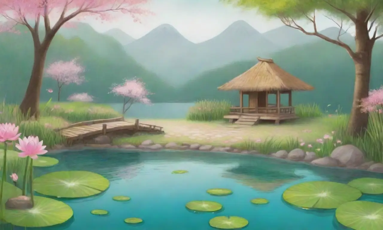 Un tranquilo paisaje japonés con un kappa curioso, flores de cerezo y un niño sonriente