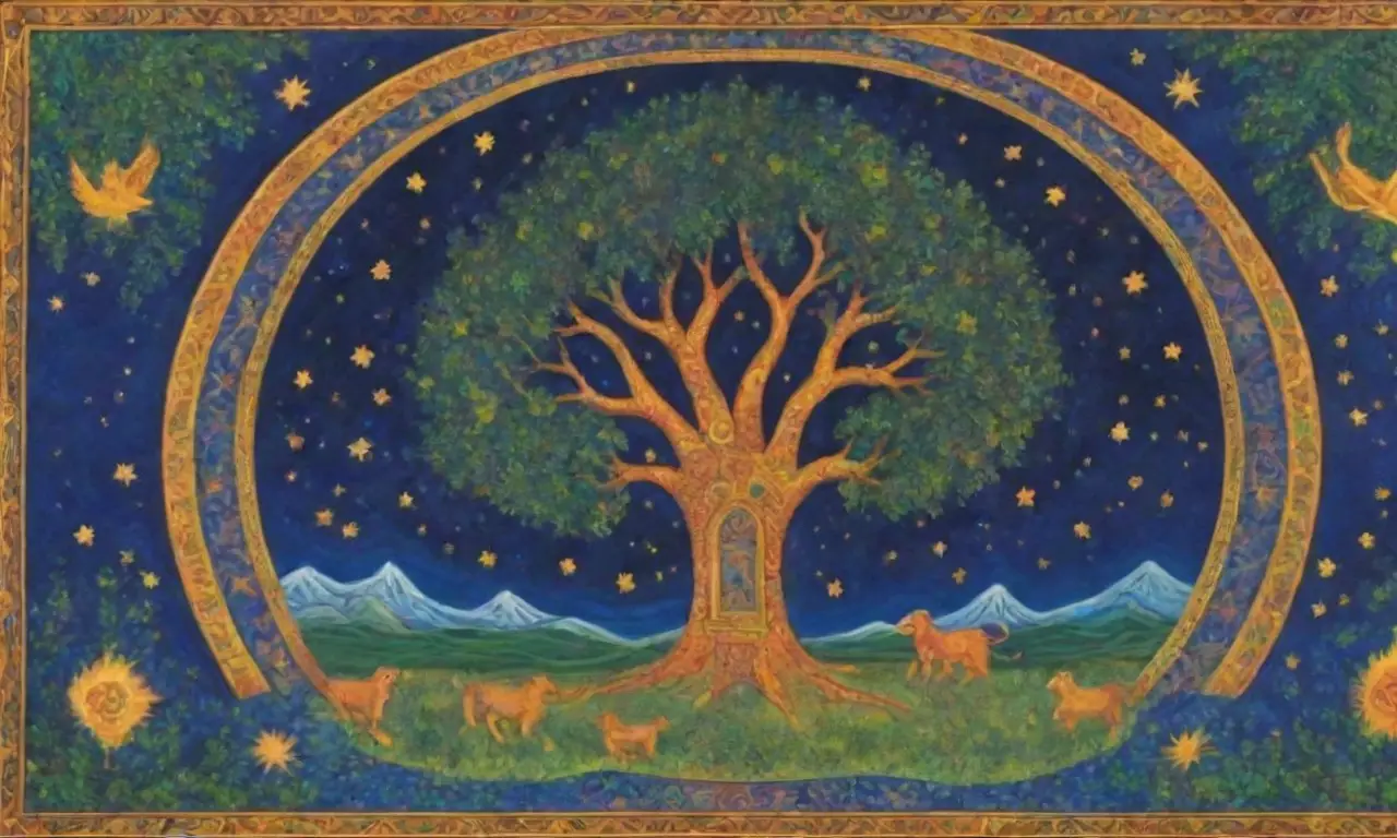 Un tapiz vibrante de patrones celestiales, mitología y dualidad en un paisaje lleno de vida y simbolismo