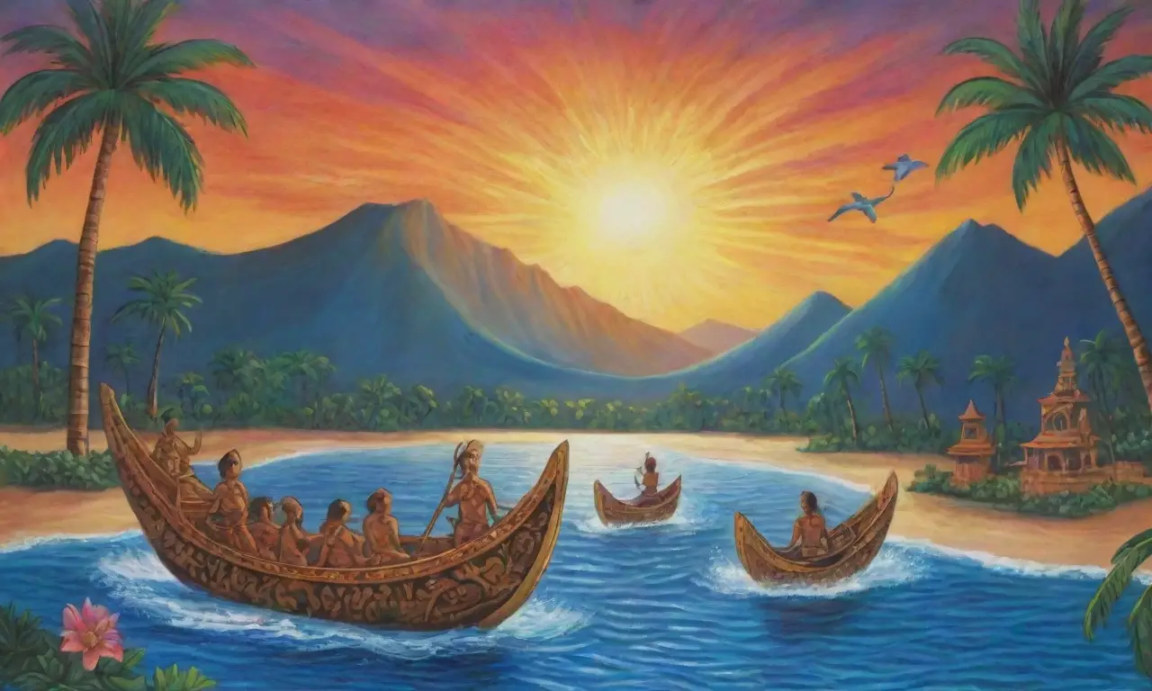 Un paisaje vibrante de olas, islas, figuras sagradas y espiritualidad