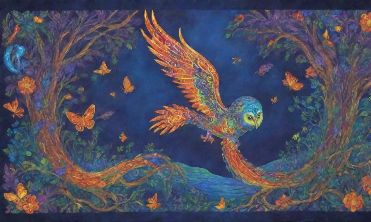 Un tapiz vibrante de colores y criaturas míticas que refleja la esencia de la transformación y el renacer