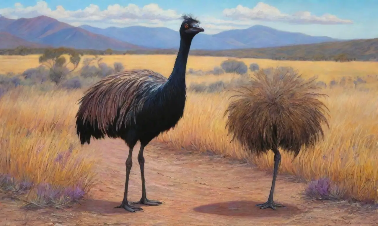 Un paisaje vibrante del outback australiano, lleno de emús, colores y libertad