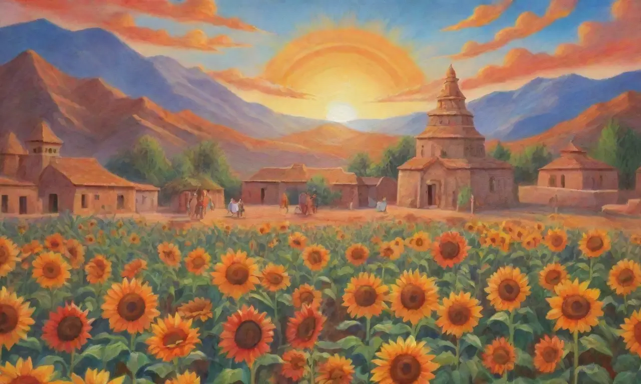 Un paisaje vibrante de sol, flores, montañas y comunidad en armonía