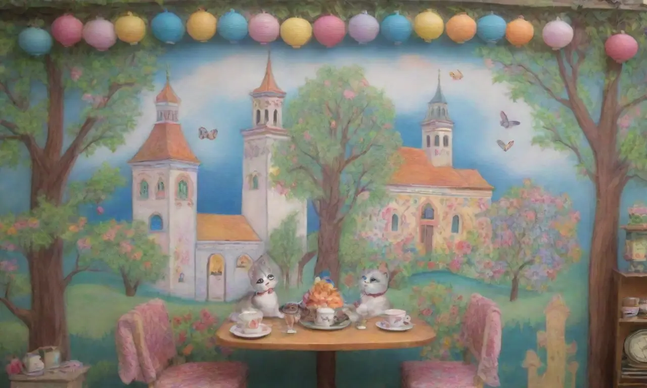 Un mural vibrante muestra tres hermanas en vestidos fluidos, con un fondo urbano y elementos de la vida cotidiana