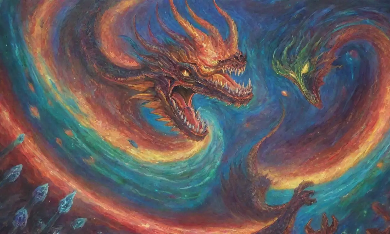 Una batalla cósmica entre Tiamat y Marduk, con energía y caos en el universo