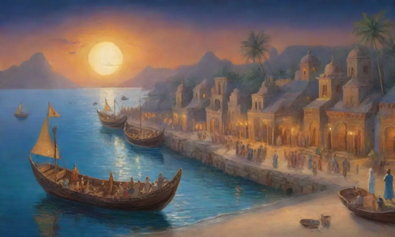 Un paisaje antiguo lleno de barcos