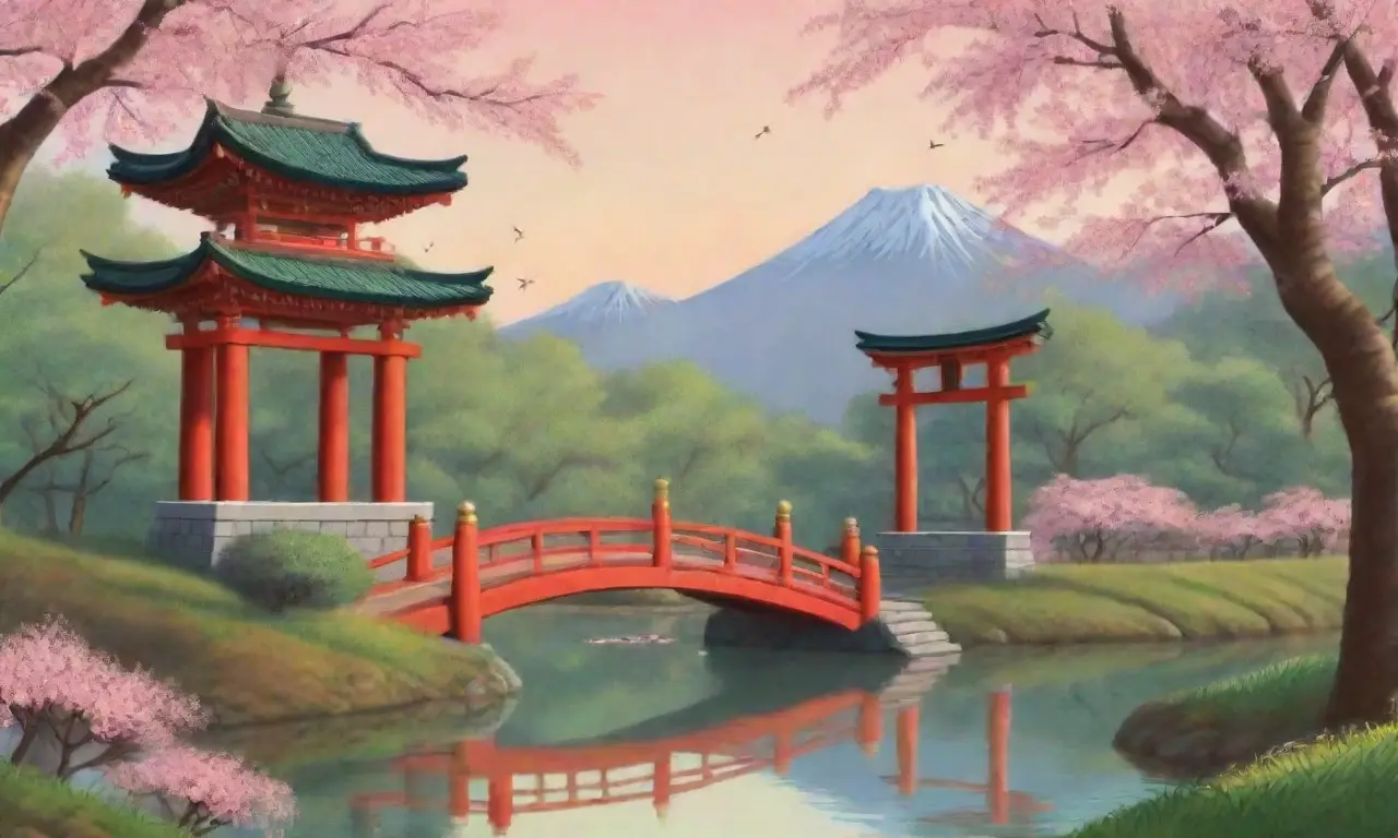 Un paisaje sereno con arrozales verdes, espíritus de zorro, torii rojos, flores de cerezo y una atmósfera de paz