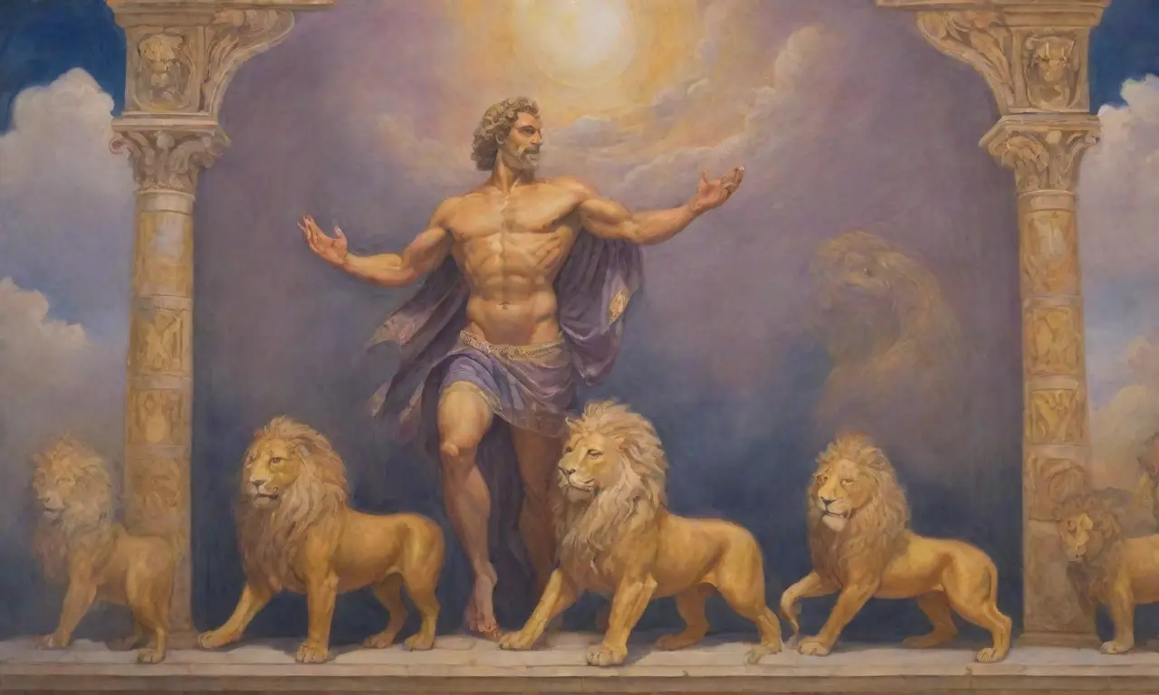 Escena majestuosa de Heracles en un fondo de mitología y naturaleza vibrante