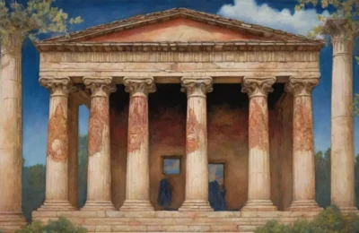 Columnas griegas antiguas y arte vibrante en un paisaje lleno de historia
