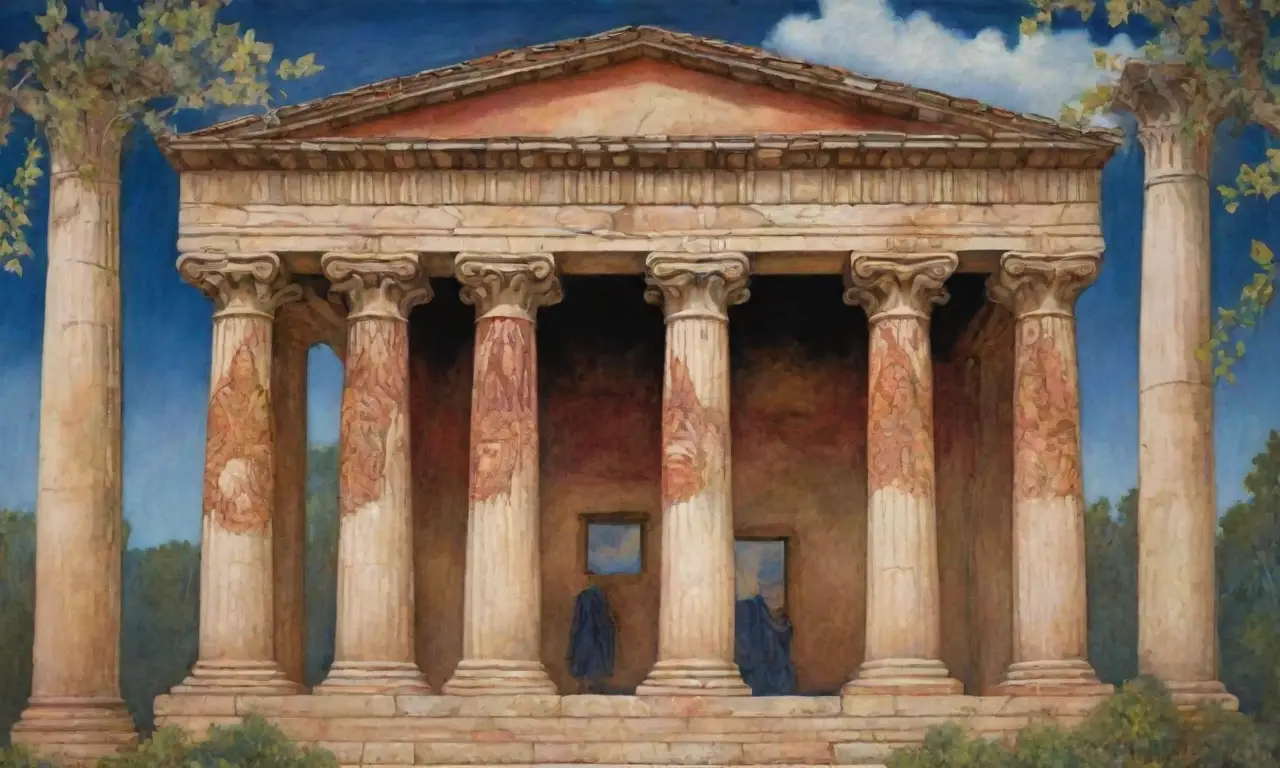 Columnas griegas antiguas y arte vibrante en un paisaje lleno de historia