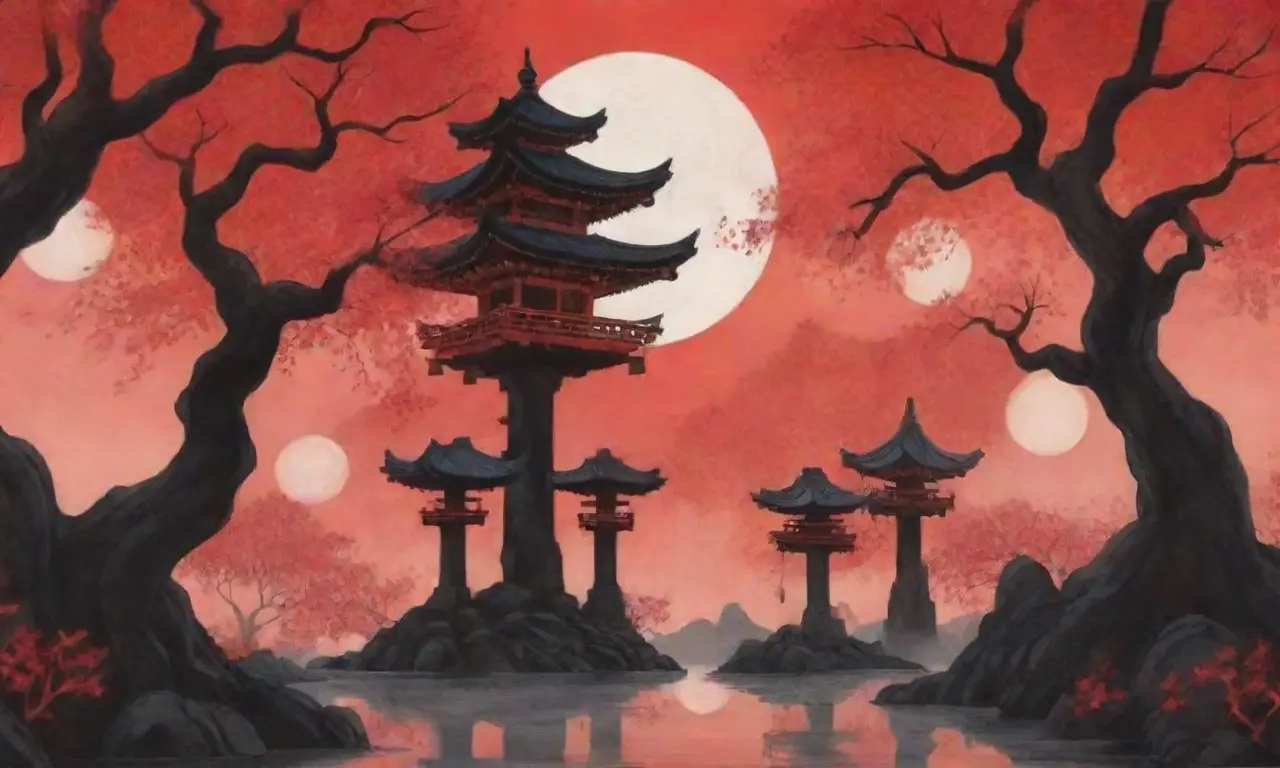 Un bosque oscuro y brumoso lleno de luces flotantes, figuras sombrías, kimonos vibrantes y un ambiente de folklore