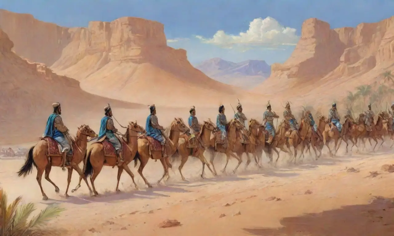 Ciro el Grande, en un desierto dorado, lidera un ejército diverso hacia la conquista, rodeado de ruinas antiguas y un oasis brillante
