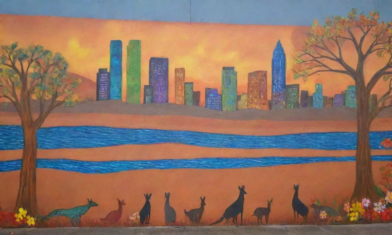 Colores vibrantes y símbolos antiguos se entrelazan en un paisaje donde la cultura aborigen y la modernidad conviven