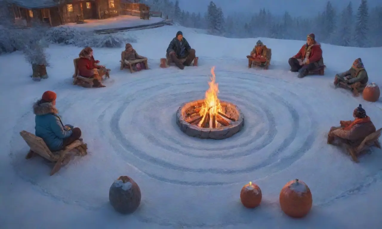 Un paisaje helado y místico con fuego, rituales y una comunidad unida bajo la aurora boreal