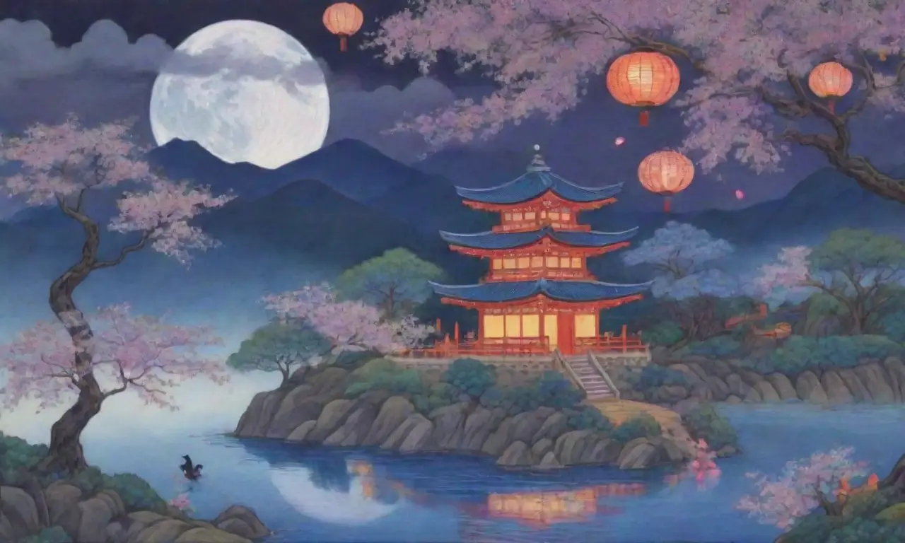 Un paisaje japonés lleno de colores, figuras fantasmales, yokai, naturaleza y tradición