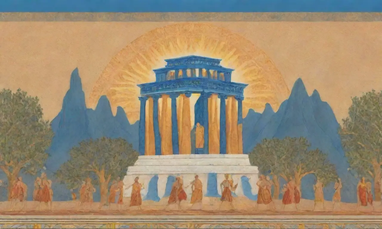 Un paisaje vibrante de la antigua Grecia con columnas, olivos, atletas y mosaicos que evocan gloria y atemporalidad