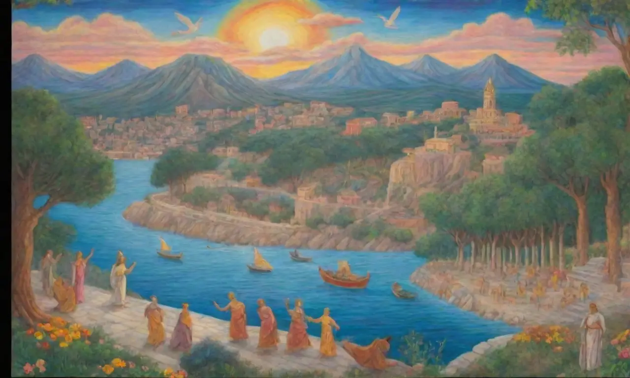 Un mural vibrante de Eneas en armadura en un paisaje romano lleno de vida y simbolismo