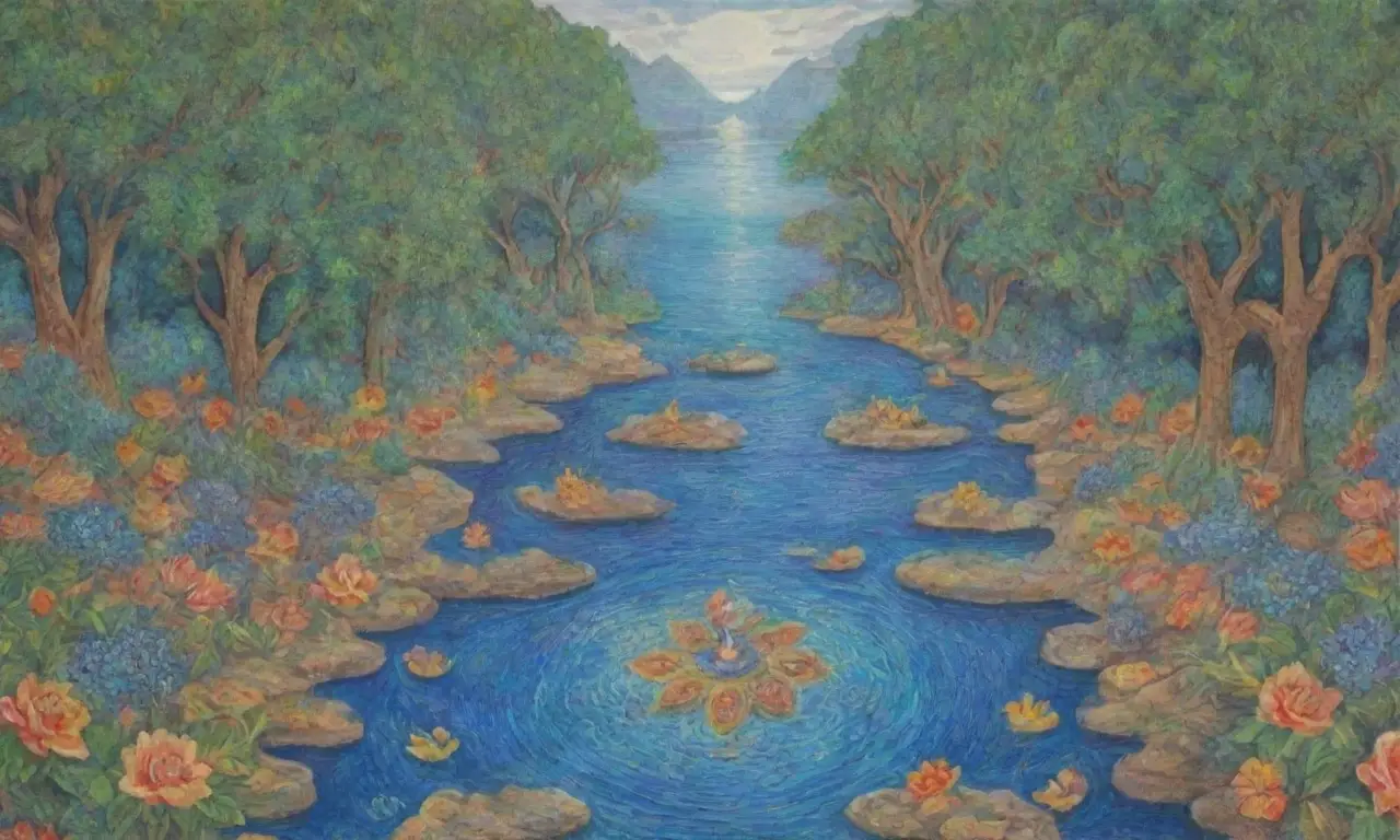 Un paisaje sereno y espiritual con meditación, naturaleza vibrante y símbolos antiguos
