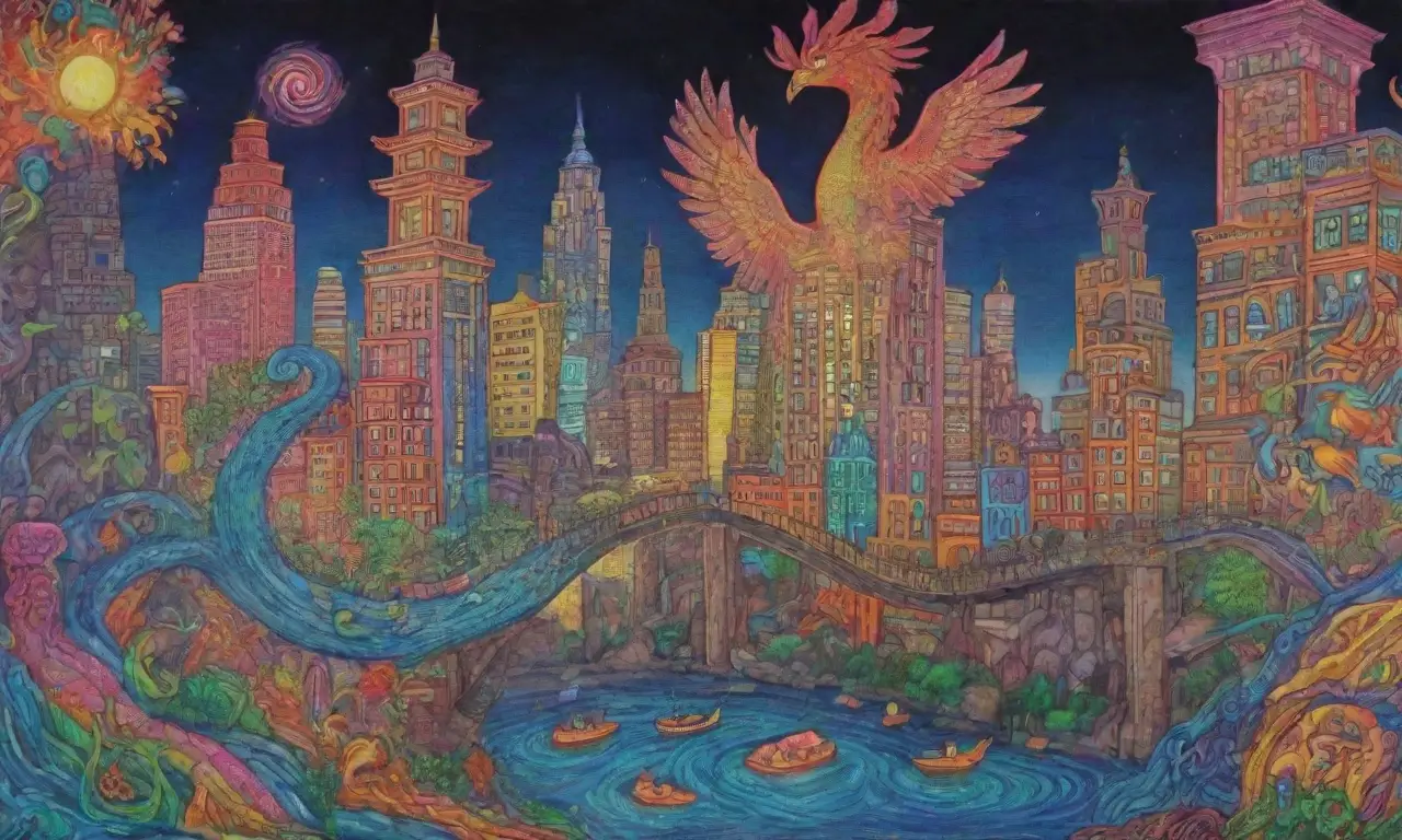 Un mural vibrante fusiona dioses antiguos y modernidad en una ciudad caótica llena de colores y leyendas