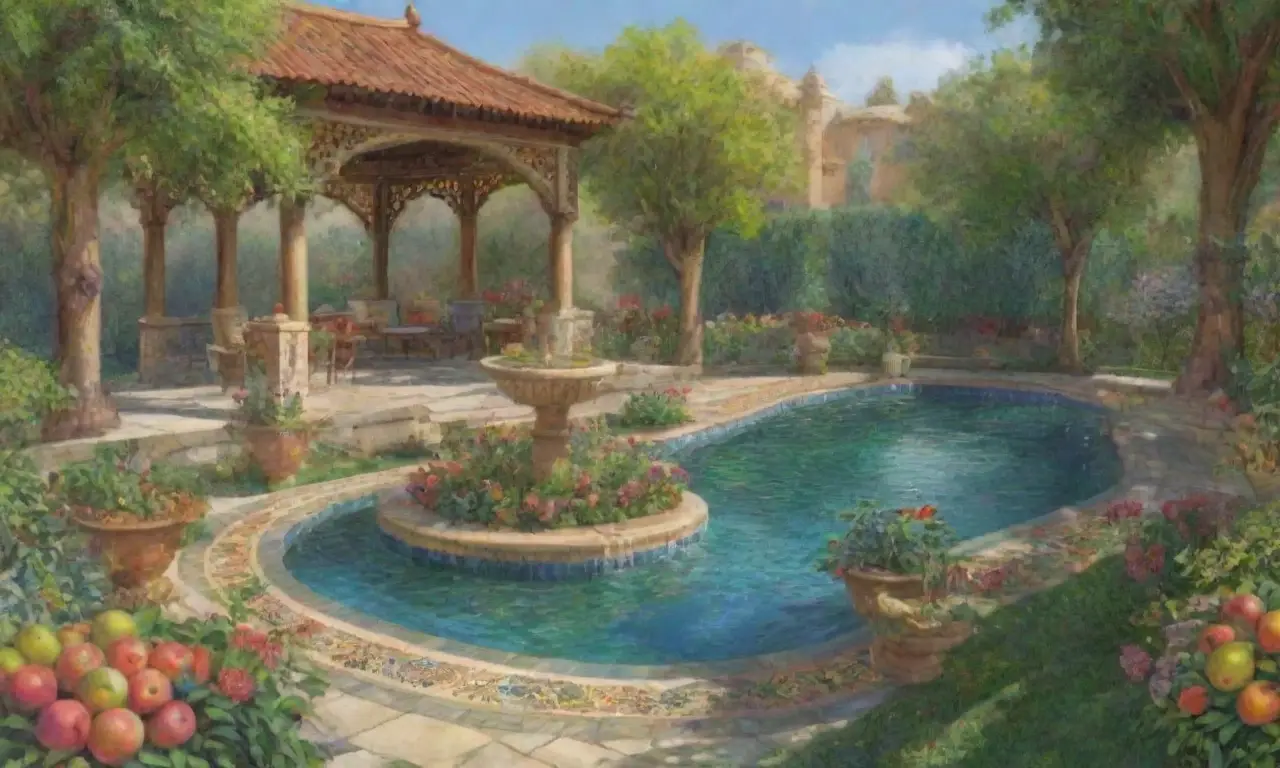 Un jardín vibrante y sereno lleno de naturaleza, arte y historia