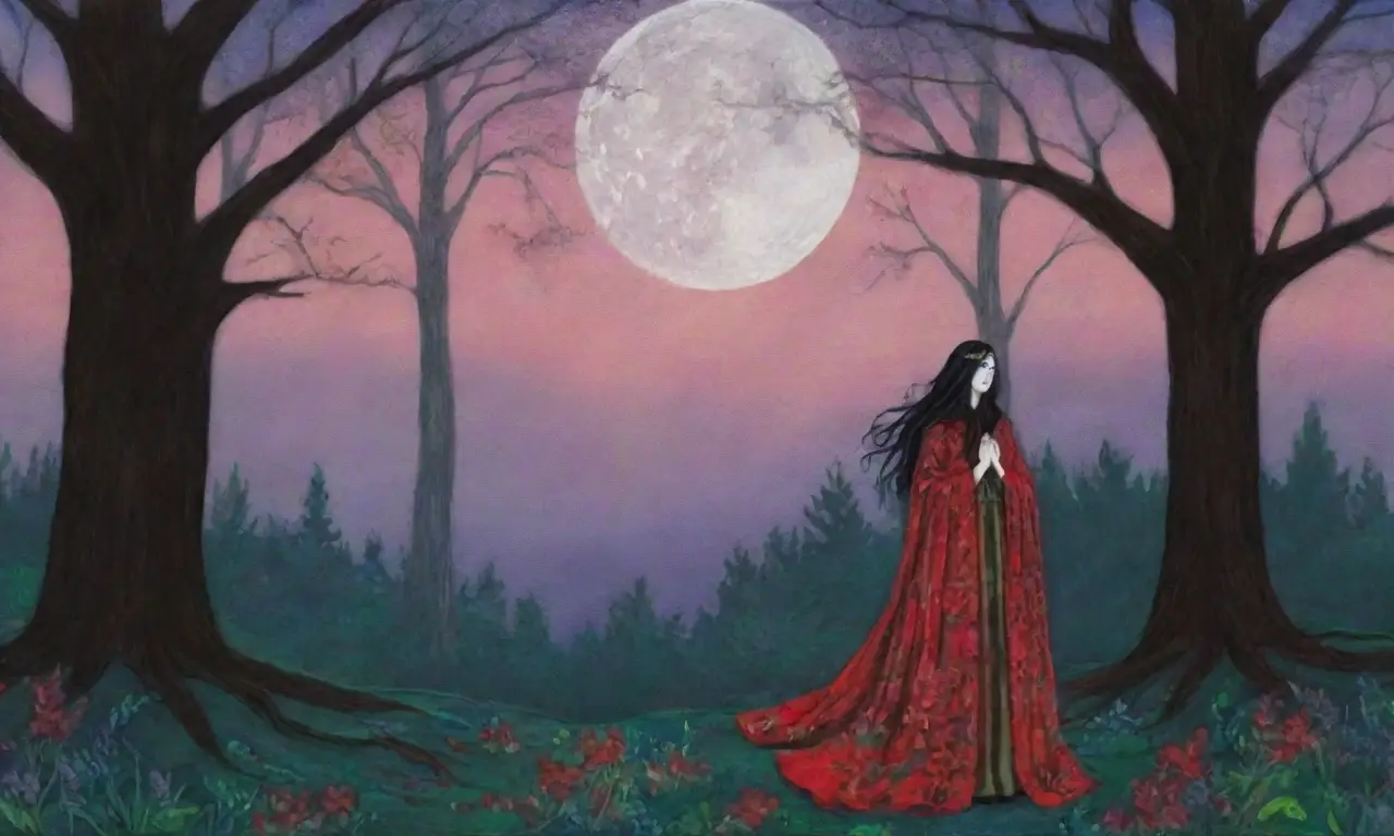 Una figura en un bosque oscuro y brumoso, vestida de carmesí, rodeada de sombras y misterio