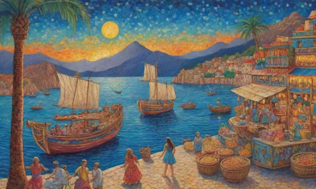 Un vibrante paisaje de comercio antiguo, colores ricos y aventuras en el aire